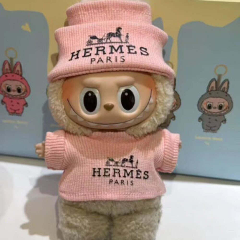 Pink Knit Labubu Clothing Set - Luxury Designer Sweater & Beanie Casual outfit